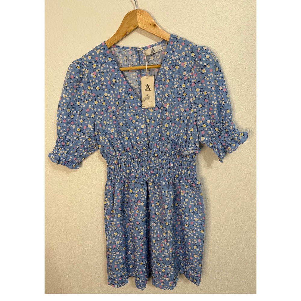 AZ Blue Floral Smocked Waist Mini Dress V-Neck Puff Sleeve Cottagecore S/M NWT